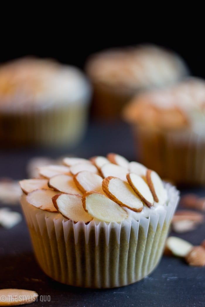 Cherry Almond Cupcakes. So moist, and the cherry words perfectly with the almond, the tang of the cream cheese frosting, and the elegant slivered almonds!