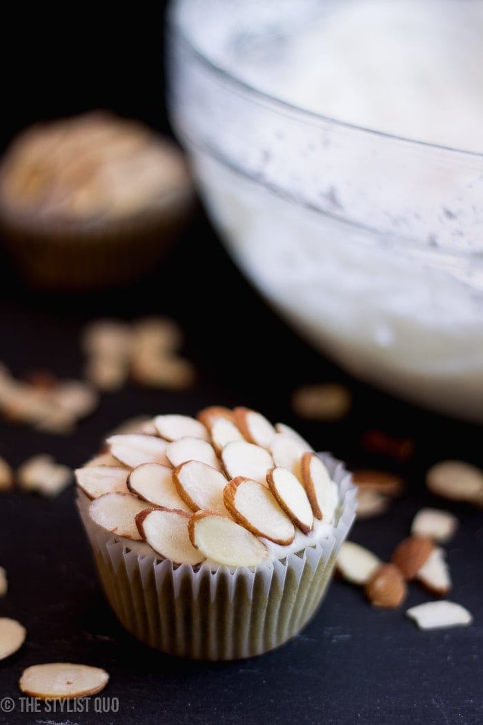 Cherry Almond Cupcakes. So moist, and the cherry words perfectly with the almond, the tang of the cream cheese frosting, and the elegant slivered almonds!