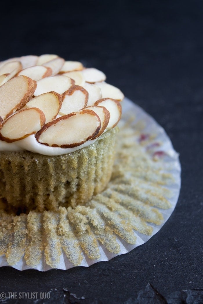 Cherry Almond Cupcakes. So moist, and the cherry words perfectly with the almond, the tang of the cream cheese frosting, and the elegant slivered almonds!