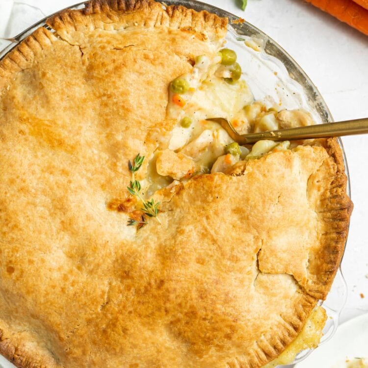 chicken pot pie in pie dish with a slice removed