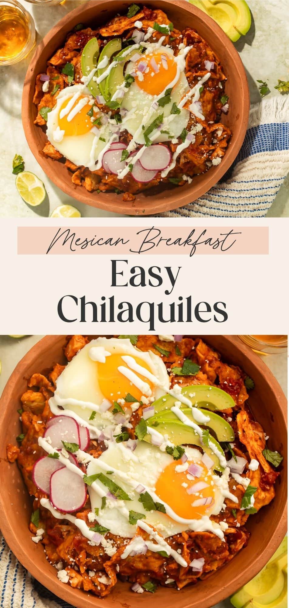 Wooden bowl of red salsa chilaquiles topped with two fried eggs, sliced avocado, sliced radishes and crema. The two images are divided by a banner with Pinterest-optimised text.