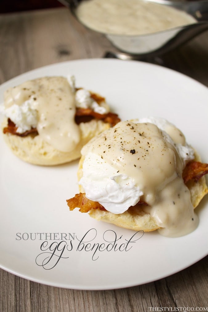 Southern Eggs Benedict with Biscuits, Bacon, and Gravy - 40 Aprons