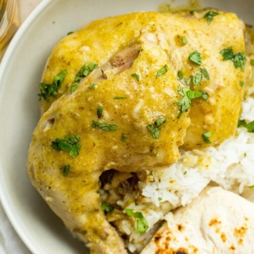 overhead image of green mole chicken on a plate with rice and a tortilla