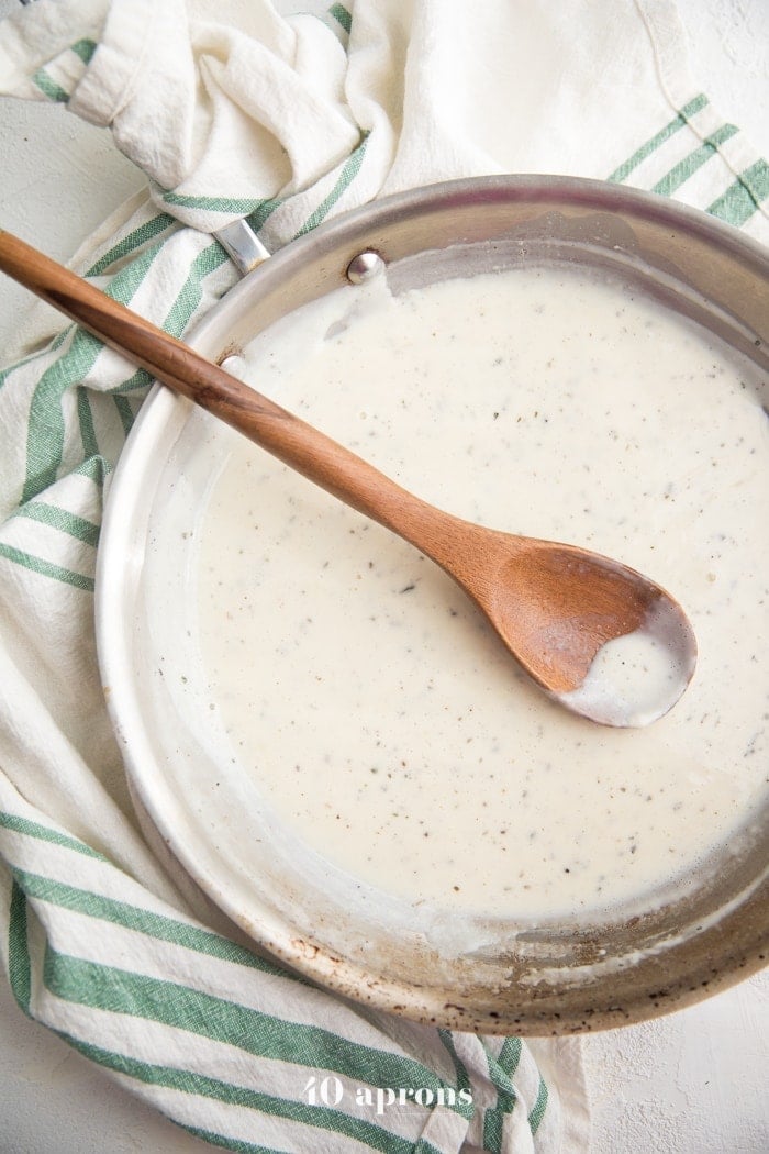 Cottage cheese alfredo in a skillet