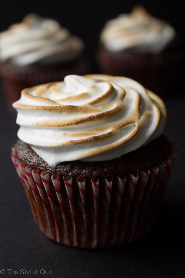 Hot Chocolate Cupcakes with Toasted Marshmallow Frosting