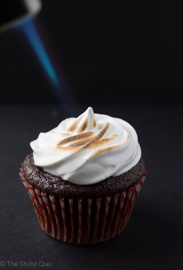 Hot Chocolate Cupcakes with Toasted Marshmallow Frosting