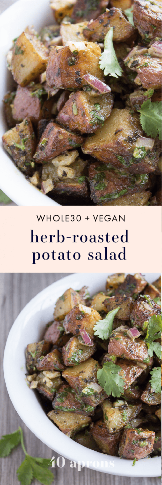 This herb roasted potato salad is absolutely delicious: crispy roasted potatoes, heady dried herbs, and a rich and creamy sauce with fresh herbs and minced red onions. Packed full of flavor, this herb roasted potato salad is destined to become a favorite, both with the family and with your guests! This herb roasted potato salad is also paleo, Whole30-compliant, and vegan friendly. Simply put, it's the best herb roasted potato salad out there.