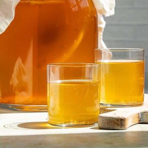 Jar with a ScOBY in it covered with cheesecloth next to two glasses of kombucha.