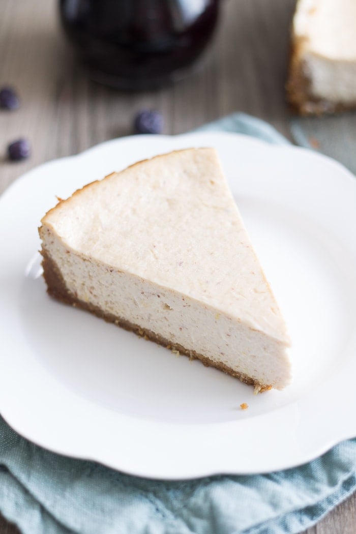 Vegan Lemon Ricotta Cheesecake with Blueberry White Wine Sauce