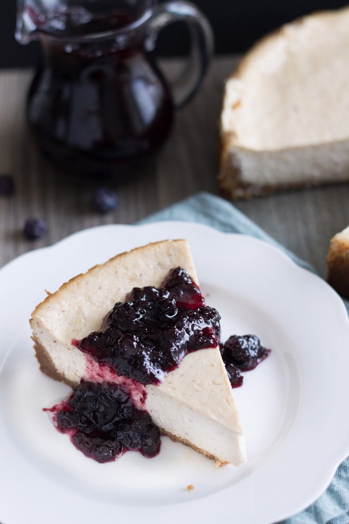 Vegan Lemon Ricotta Cheesecake with Blueberry White Wine Sauce