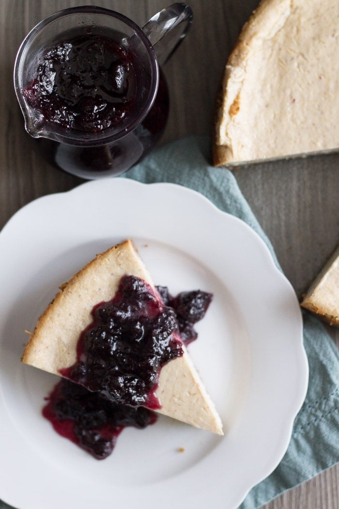 Vegan Lemon Ricotta Cheesecake with Blueberry White Wine Sauce