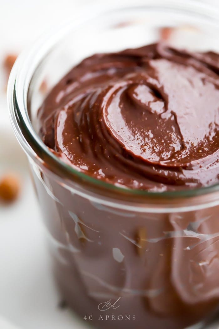 Up close shot of vegan Nutella in a glass jar