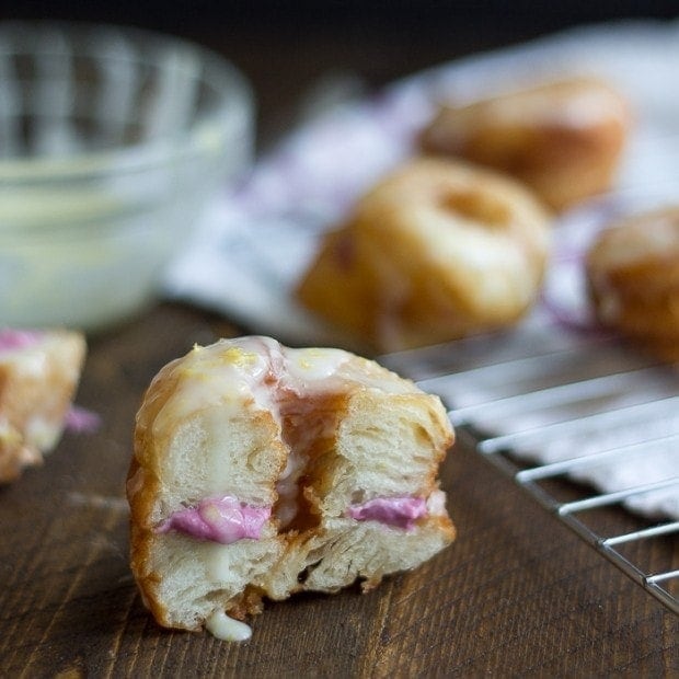 Vegan “Flaky Donuts” with Blackberry-Cream Cheese Filling and Lemon Glaze