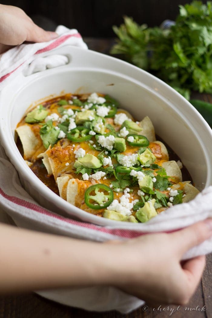 Vegetarian Enchiladas with Goat Cheese. Unbelievably tasty and so quick to pull together - a flavorful weeknight fave!