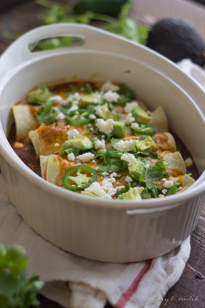 Vegetarian Enchiladas with Goat Cheese. Unbelievably tasty and so quick to pull together - a flavorful weeknight fave!