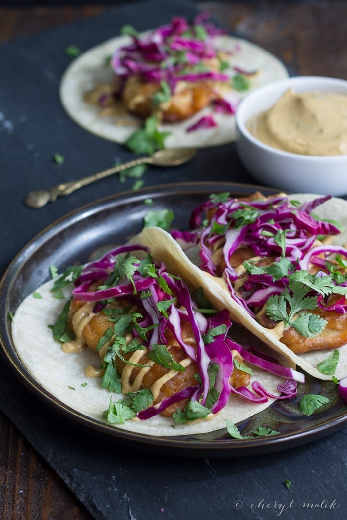 Beer Battered Tofu Tacos with Chipotle Aioli (Vegan). These are basically the greatest things of all time, period.