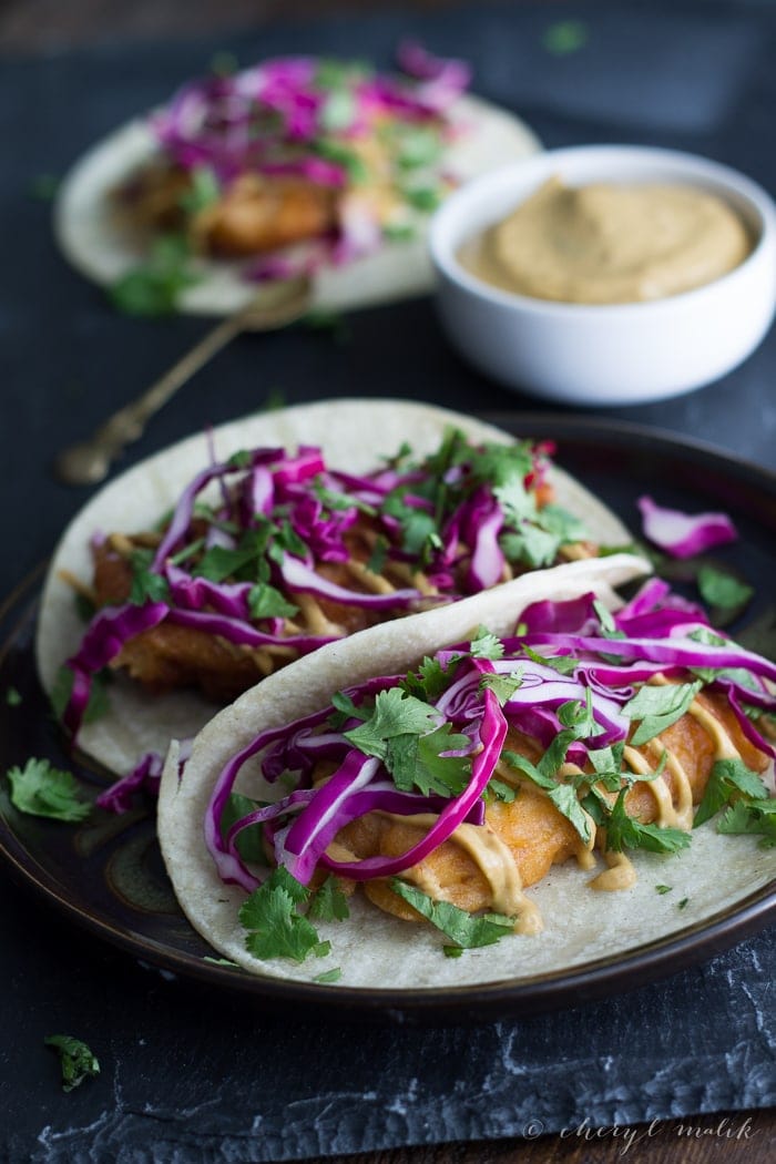 Beer Battered Tofu Tacos with Chipotle Aioli (Vegan). These are basically the greatest things of all time, period.