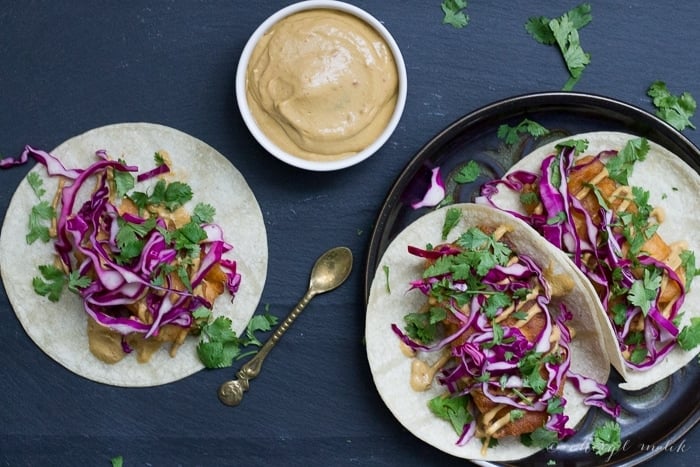 Beer Battered Tofu Tacos with Chipotle Aioli (Vegan). These are basically the greatest things of all time, period.