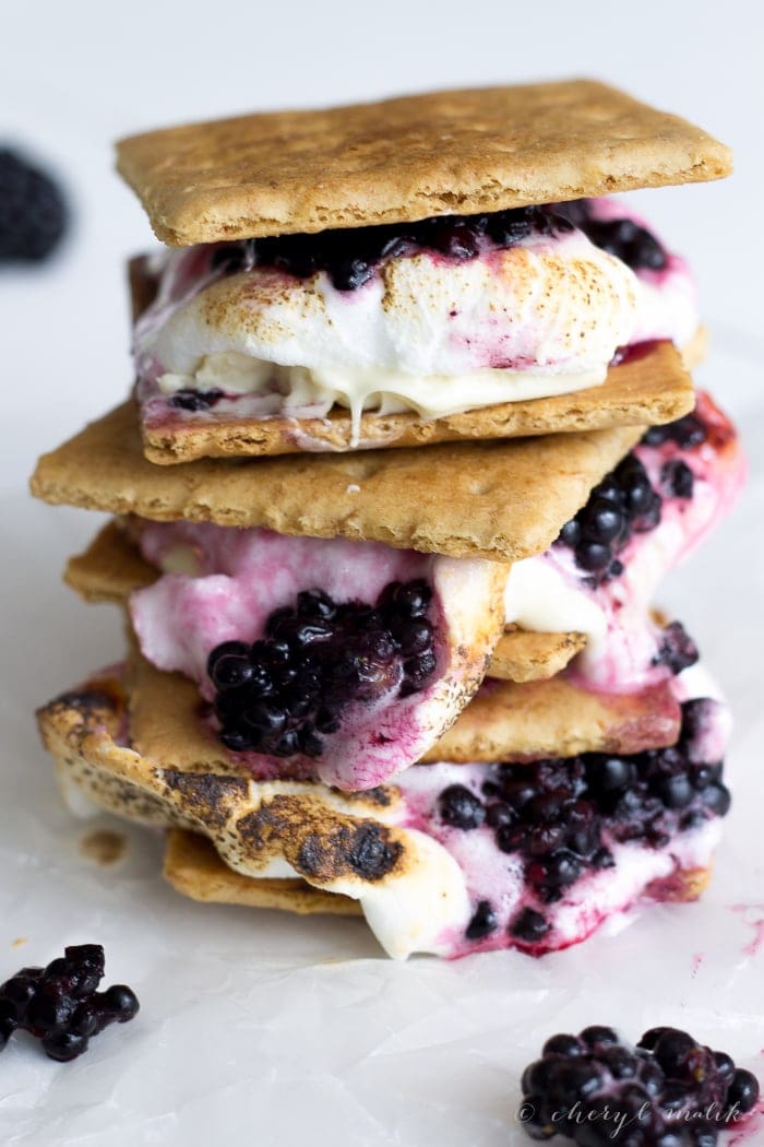 Blackberry white chocolate smores are the ultimate summer treat. Ripe blackberries, melty white chocolate, toasted marshmallow, & buttery graham crackers. 
