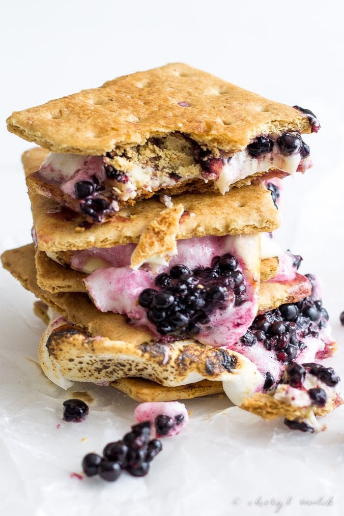 Blackberry white chocolate smores are the ultimate summer treat. Ripe blackberries, melty white chocolate, toasted marshmallow, & buttery graham crackers. 