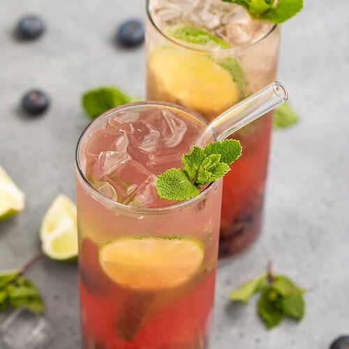 Two blueberry mojitos in a glass garnished with fresh mint and lime wheels.