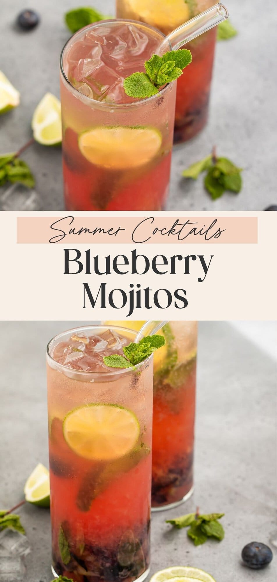 Two close up images of blueberry mojitos with whole blueberries, lime slices and fresh mint. The images are divided by a banner with a Pinterest-optimised text overlay.