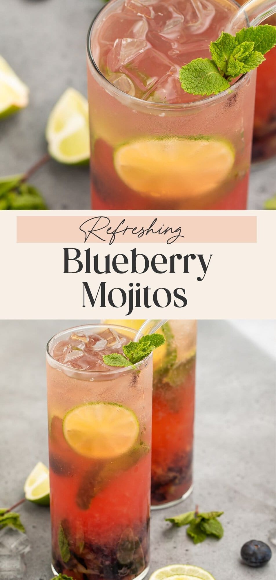 Two close up blueberry mojitos garnished with fresh fruit. There is a banner separating the two images with Pinterest-optimised text.
