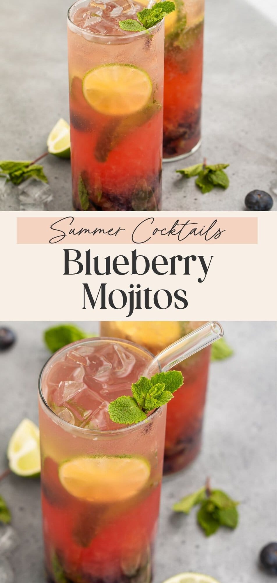 Close up of two blueberry mojitos garnished with fresh blueberries, mint and lime on a grey countertop. A banner divides the two images with Pinterest-optimised text.