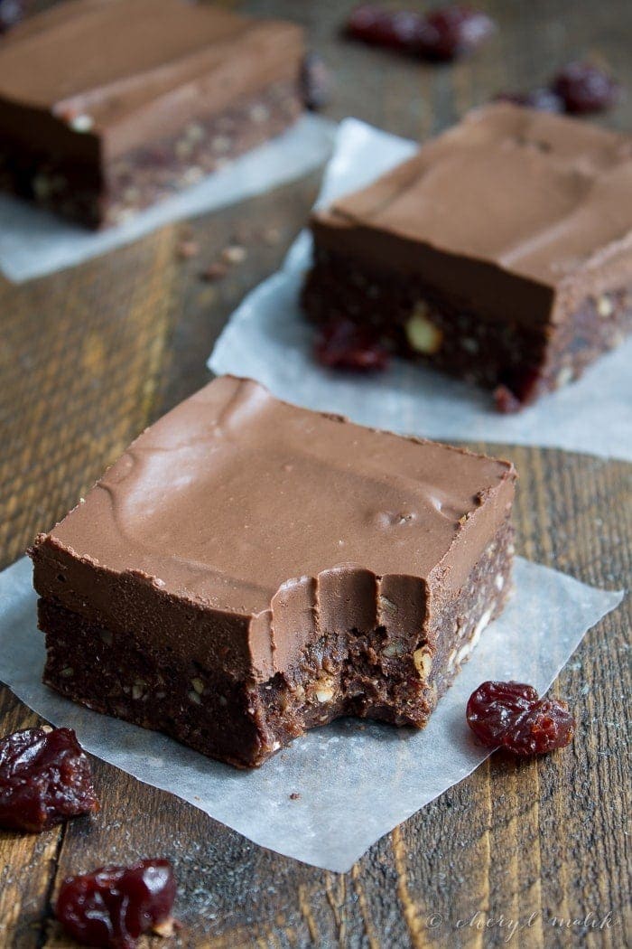 Raw Frosted Chocolate Cherry Brownies. The ultimate raw brownie - rich and chocolatey with bright bits of sweet-tart cherries. Perfecto