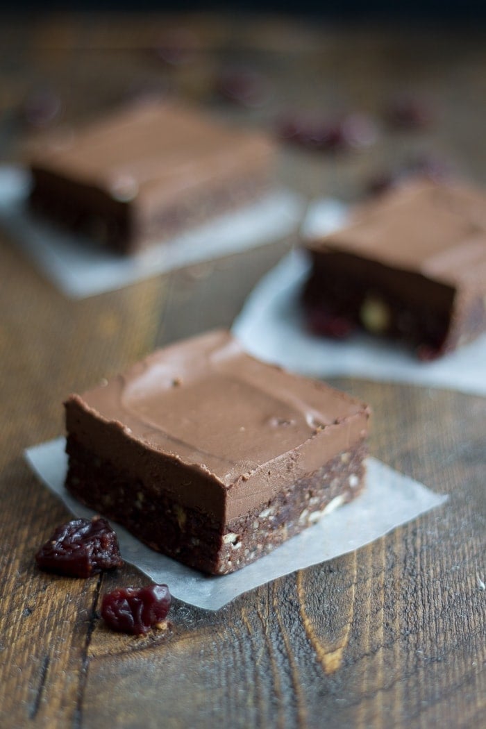 Raw Frosted Chocolate Cherry Brownies. The ultimate raw brownie - rich and chocolatey with bright bits of sweet-tart cherries. Perfecto