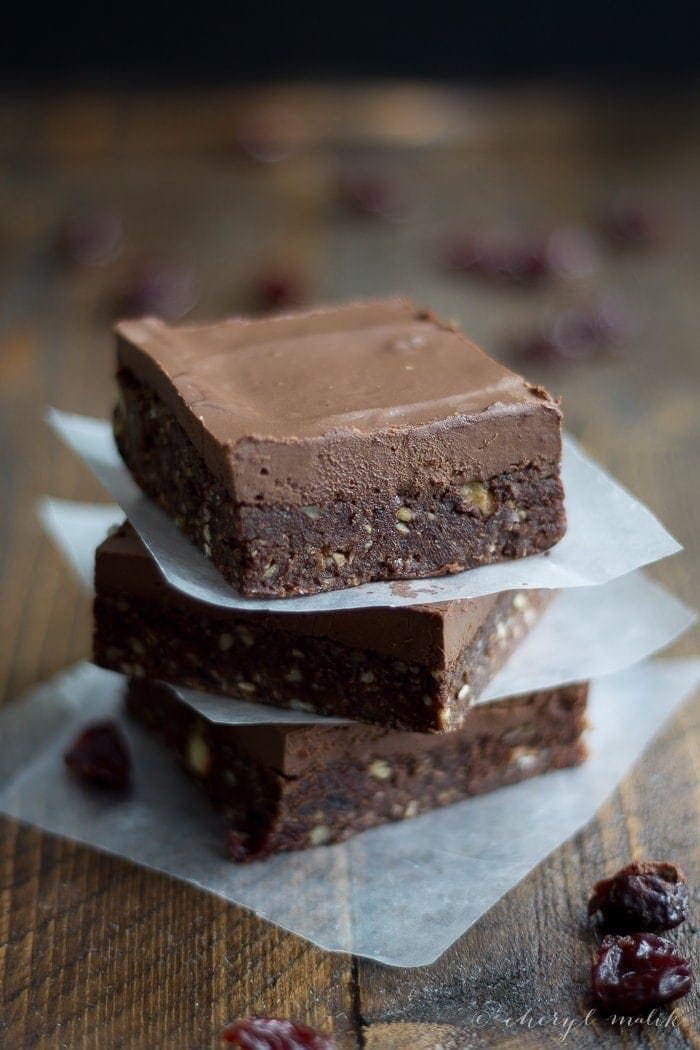 Raw Frosted Chocolate Cherry Brownies. The ultimate raw brownie - rich and chocolatey with bright bits of sweet-tart cherries. Perfecto