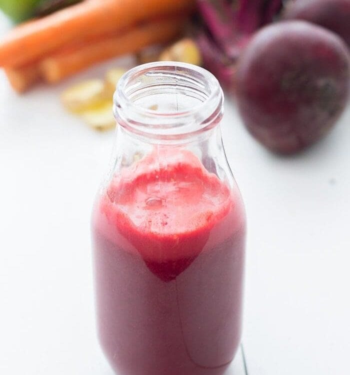 Summer Wellness Juice. Beet, carrot, ginger, turmeric, and lime for a refreshing superpower summer juice