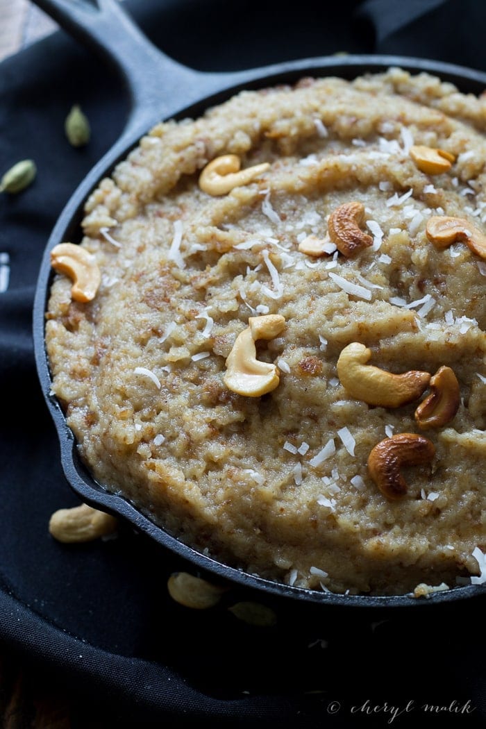 Vegan Bread Halwa for Eid. Bread, coconut oil, almond milk, sugar, rose water, and cardamom - delicious!