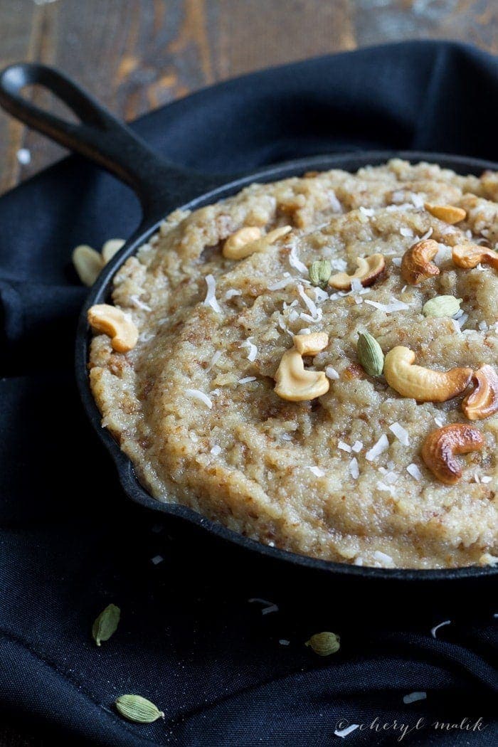 Vegan Bread Halwa for Eid. Bread, coconut oil, almond milk, sugar, rose water, and cardamom - delicious!