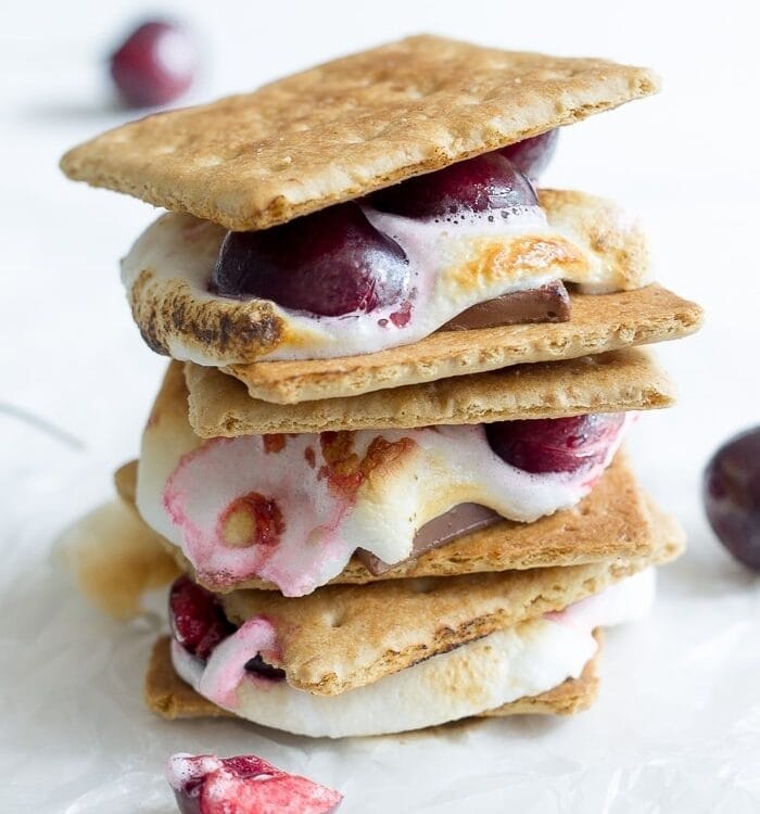 Dark Chocolate Cherry Smores. These are simply amazing! Give s'mores a grown-up flair with rich dark chocolate and ripe fresh cherries. Mmm.