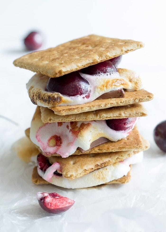 Dark Chocolate Cherry Smores. These are simply amazing! Give s'mores a grown-up flair with rich dark chocolate and ripe fresh cherries. Mmm.