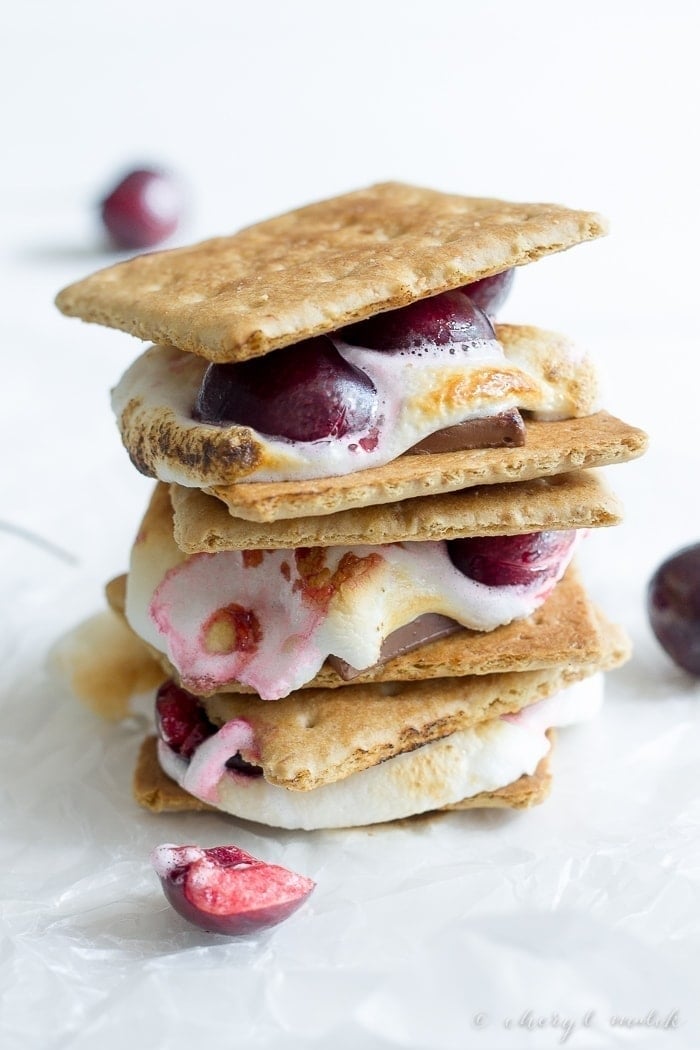 Dark Chocolate Cherry Smores. These are simply amazing! Give s'mores a grown-up flair with rich dark chocolate and ripe fresh cherries. Mmm.