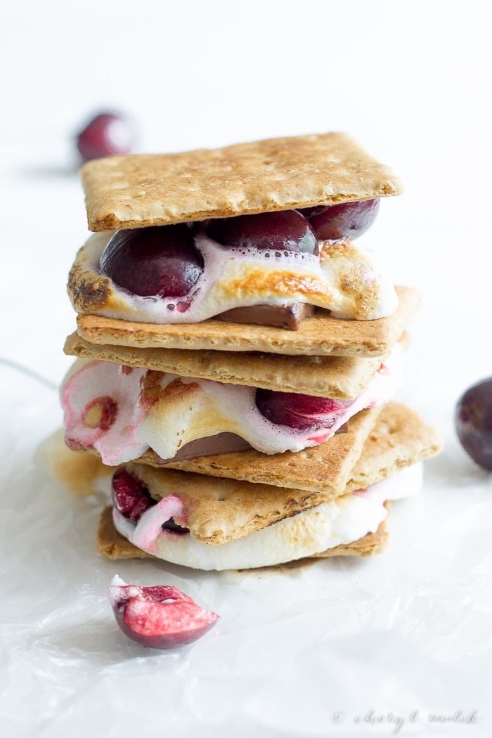 Dark Chocolate Cherry Smores. These are simply amazing! Give s'mores a grown-up flair with rich dark chocolate and ripe fresh cherries. Mmm.