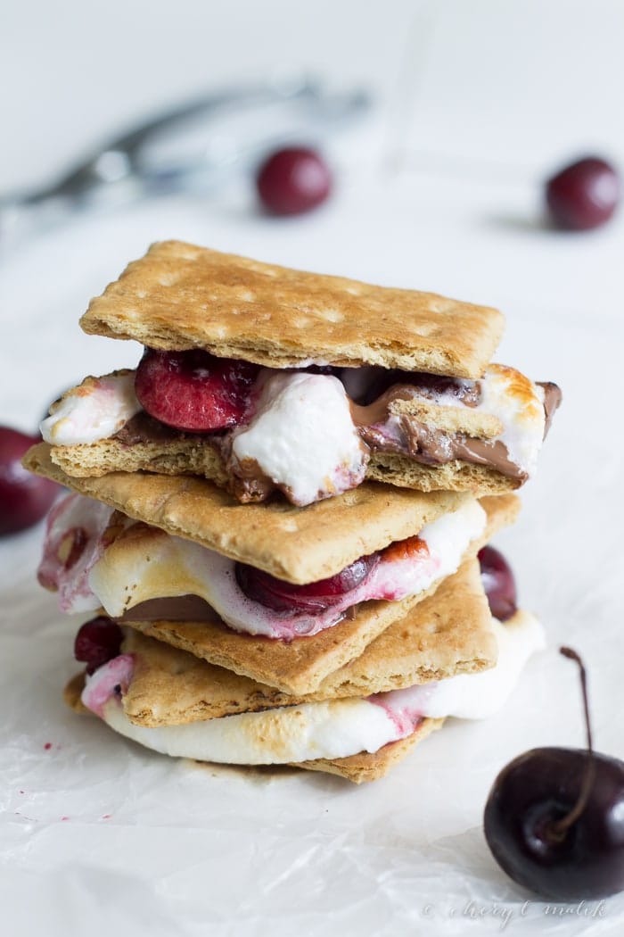 Dark Chocolate Cherry Smores. These are simply amazing! Give s'mores a grown-up flair with rich dark chocolate and ripe fresh cherries. Mmm.