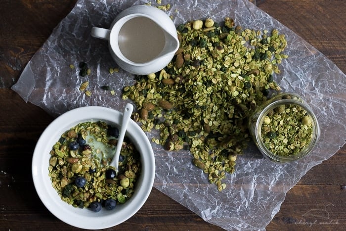 Matcha granola with dried blueberries. All of the goodness of matcha powder tossed with a delish granola. Perfect snack or breakfast--tons of antioxidants! Vegan
