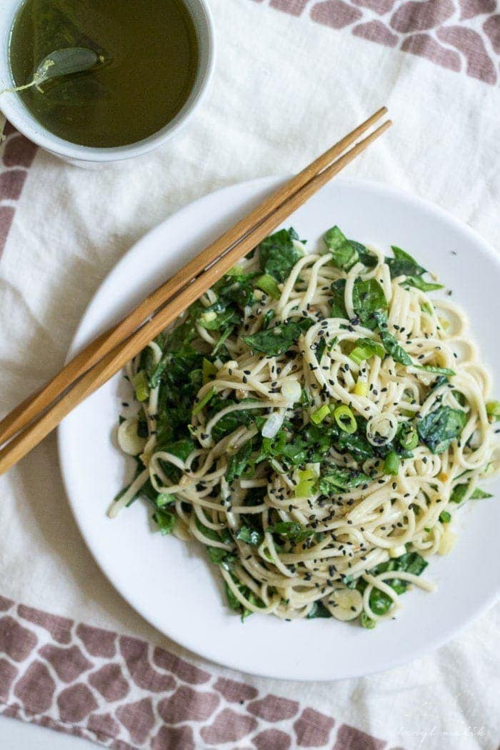 Peanut Spinach Udon. These noodles are perfect for lunch and are great warm, room temp, AND cold. Vegan & gluten-free option