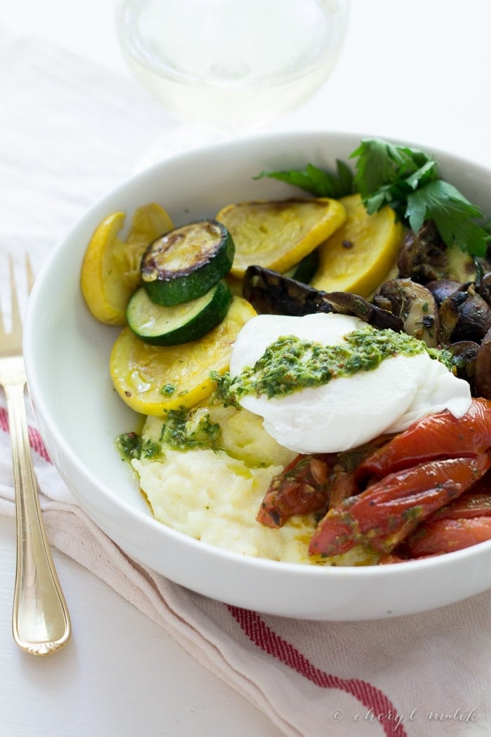 Summer Polenta Bowl with chimichurri. Full of fresh summer veggies, this one-bowl meal is healthy, hearty, and totally delicious.