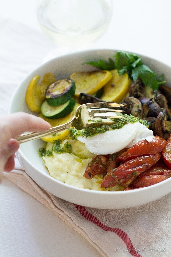 Summer Polenta Bowl with chimichurri. Full of fresh summer veggies, this one-bowl meal is healthy, hearty, and totally delicious.