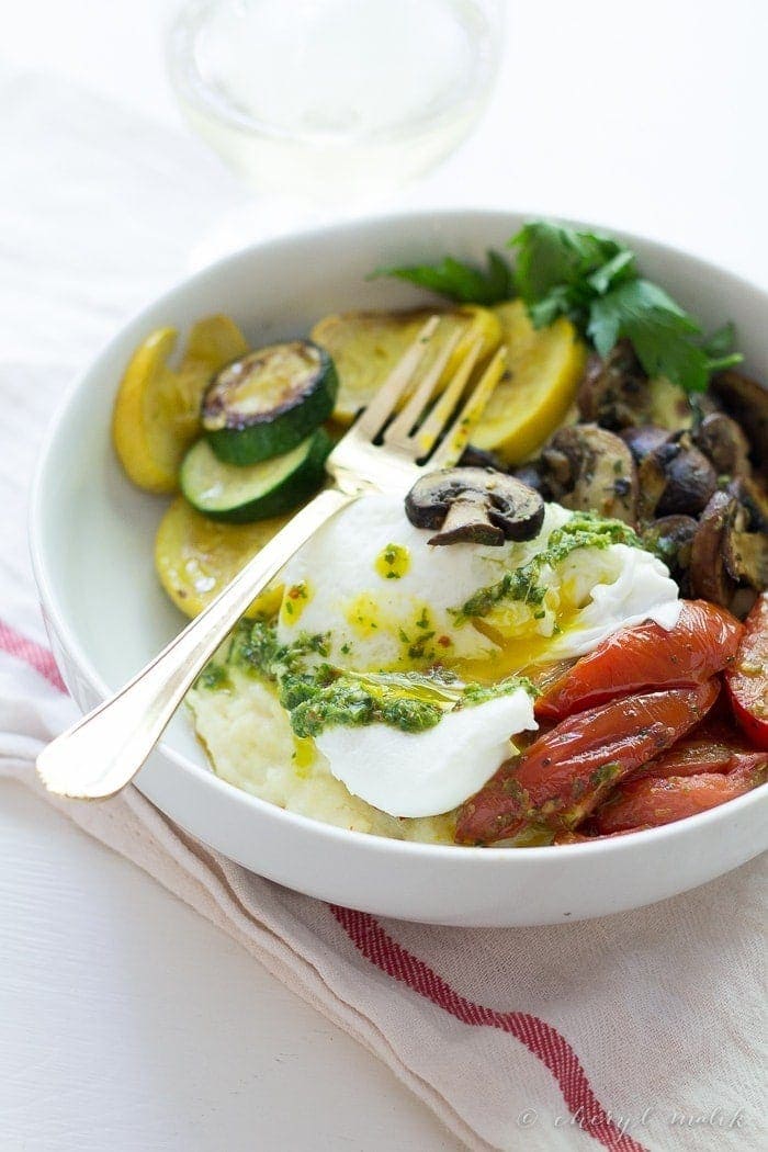 Summer Polenta Bowl with chimichurri. Full of fresh summer veggies, this one-bowl meal is healthy, hearty, and totally delicious.