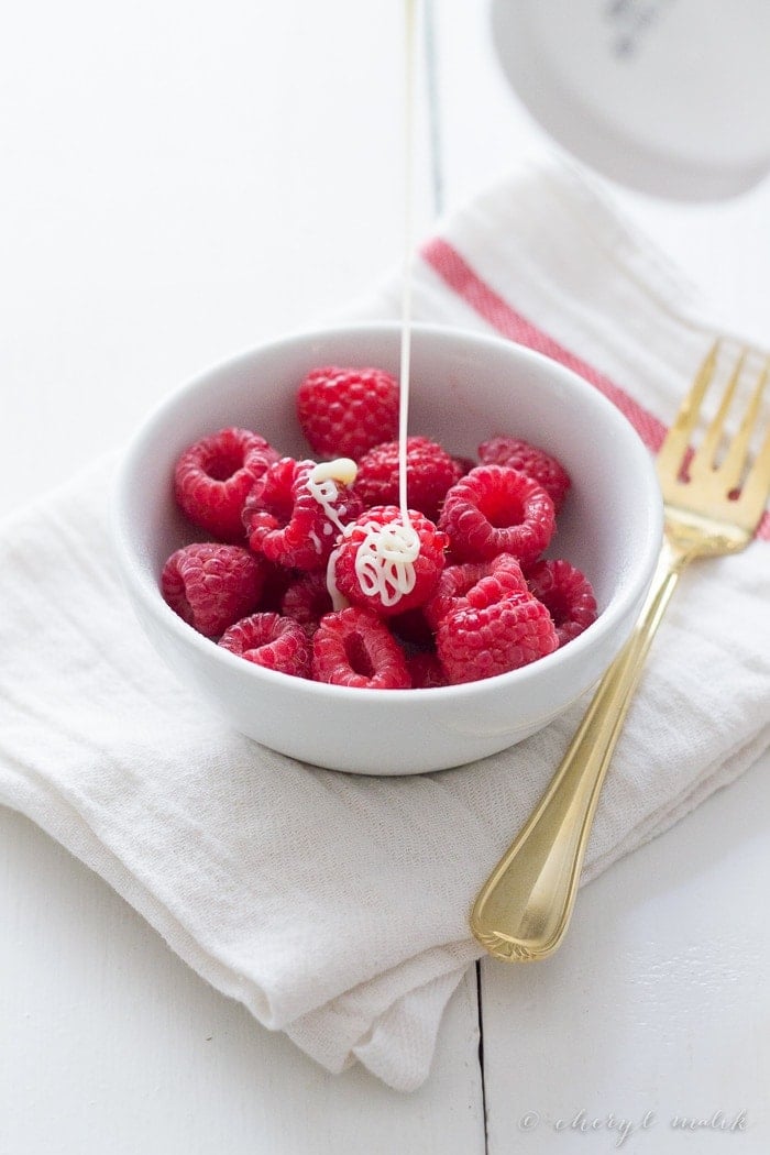 The simplest ever raspberries and cream: tart, juicy raspberries and sweet, creamy sweetened condensed milk. Too delicious not to share.