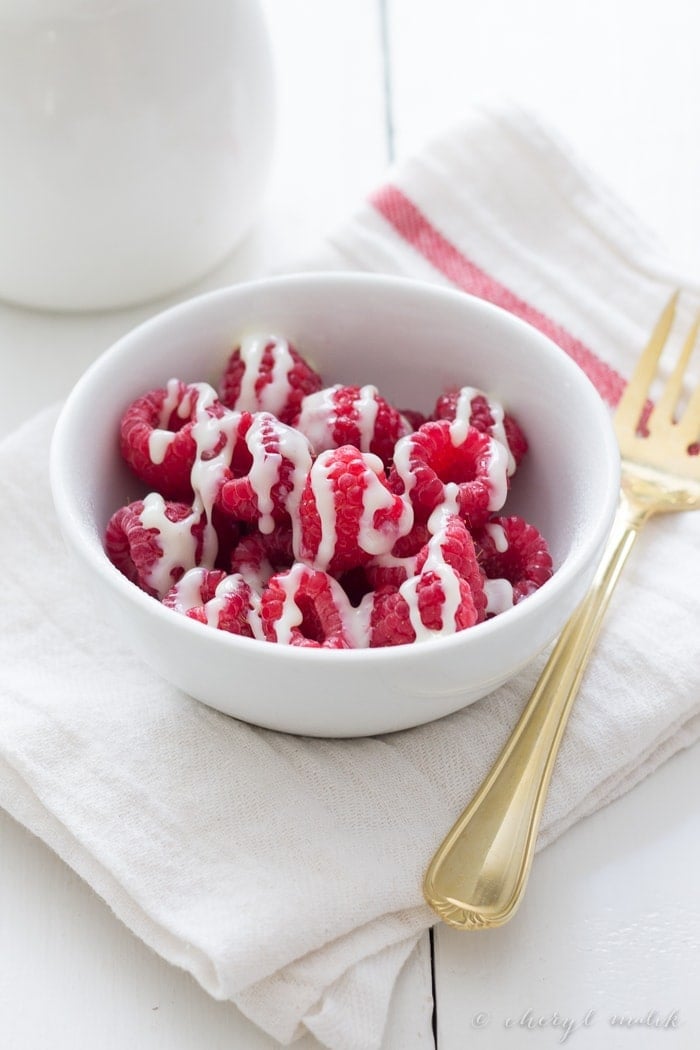 The simplest ever raspberries and cream: tart, juicy raspberries and sweet, creamy sweetened condensed milk. Too delicious not to share.