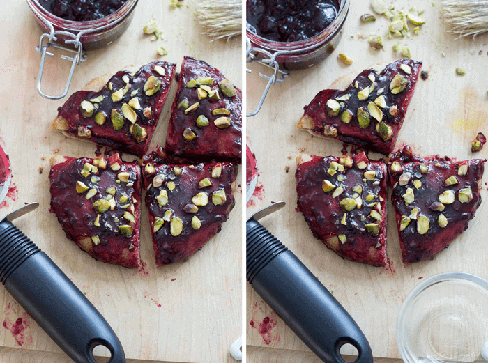 Breakfast Pizza (vegan). Whole wheat pita, salty pistachios, and fruity, gooey jam. So versatile and perfectly satisfying in the morning!