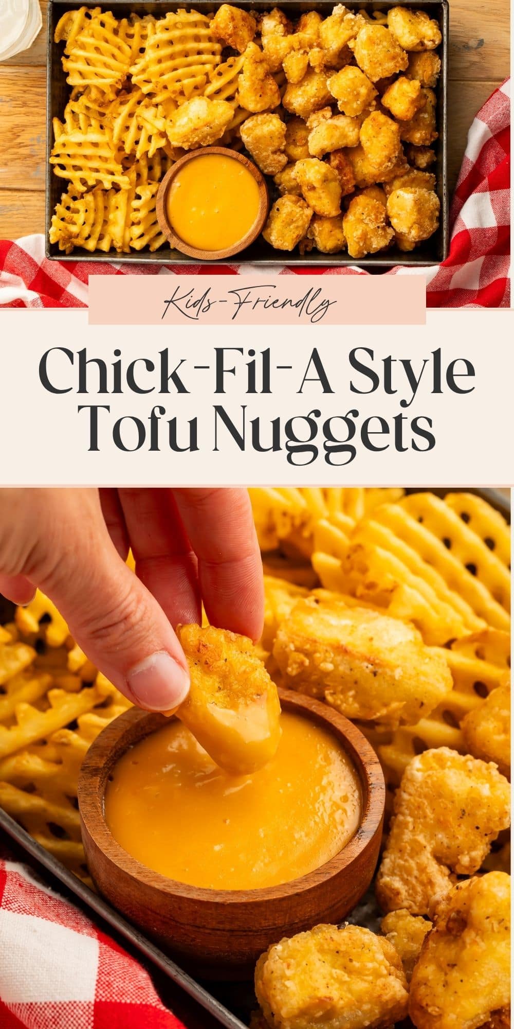 A hand dipping a tofu nugget into a creamy orange sauce, plus a picture of the nuggets in a tray with waffle fries. A banner divides the two images with Pinterest-optimised text.