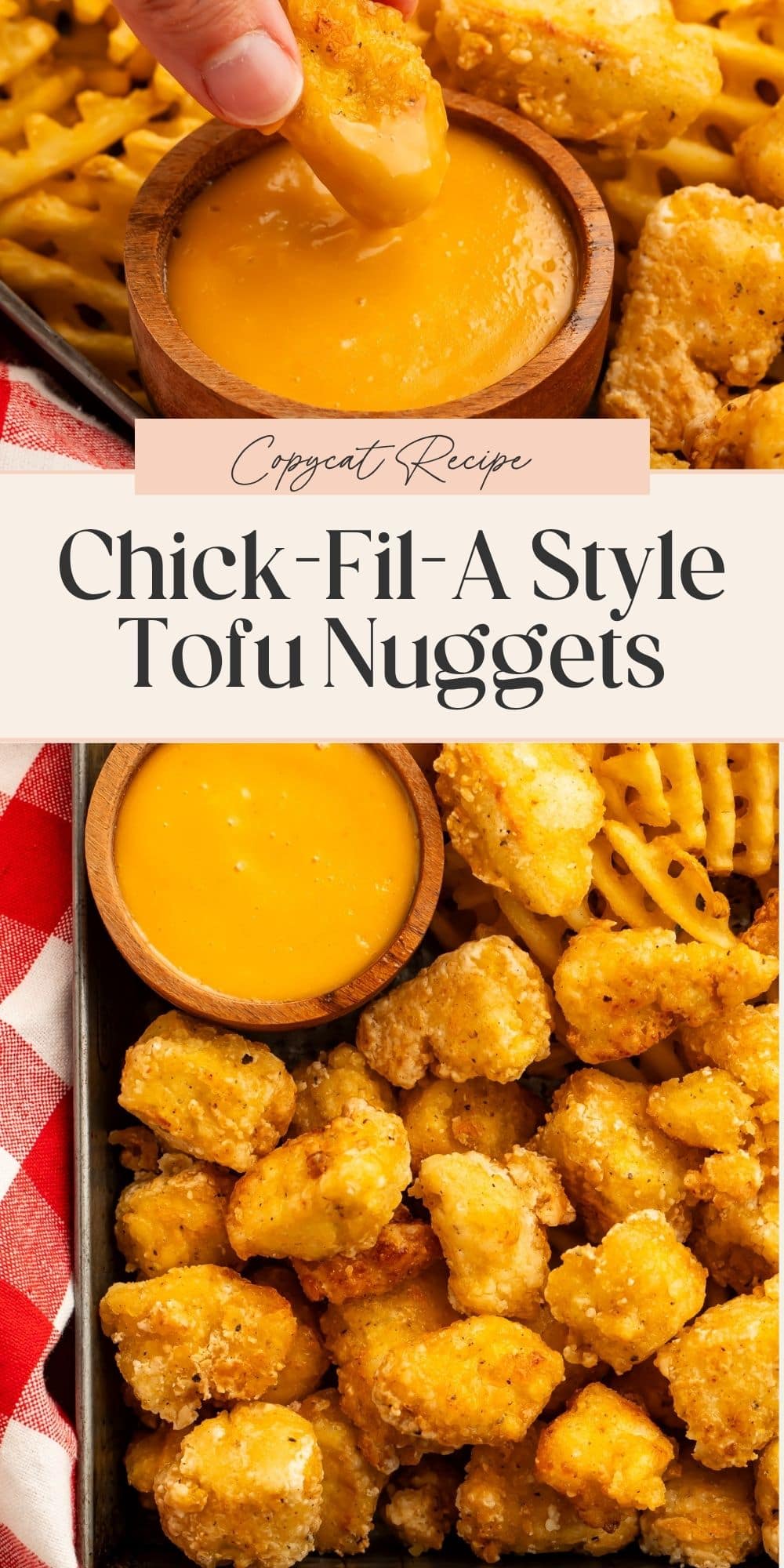 Tofu nugget being dipped into creamy orange sauce, plus a picture of them in a tray. A banner divides the two images with Pinterest-optimised text.