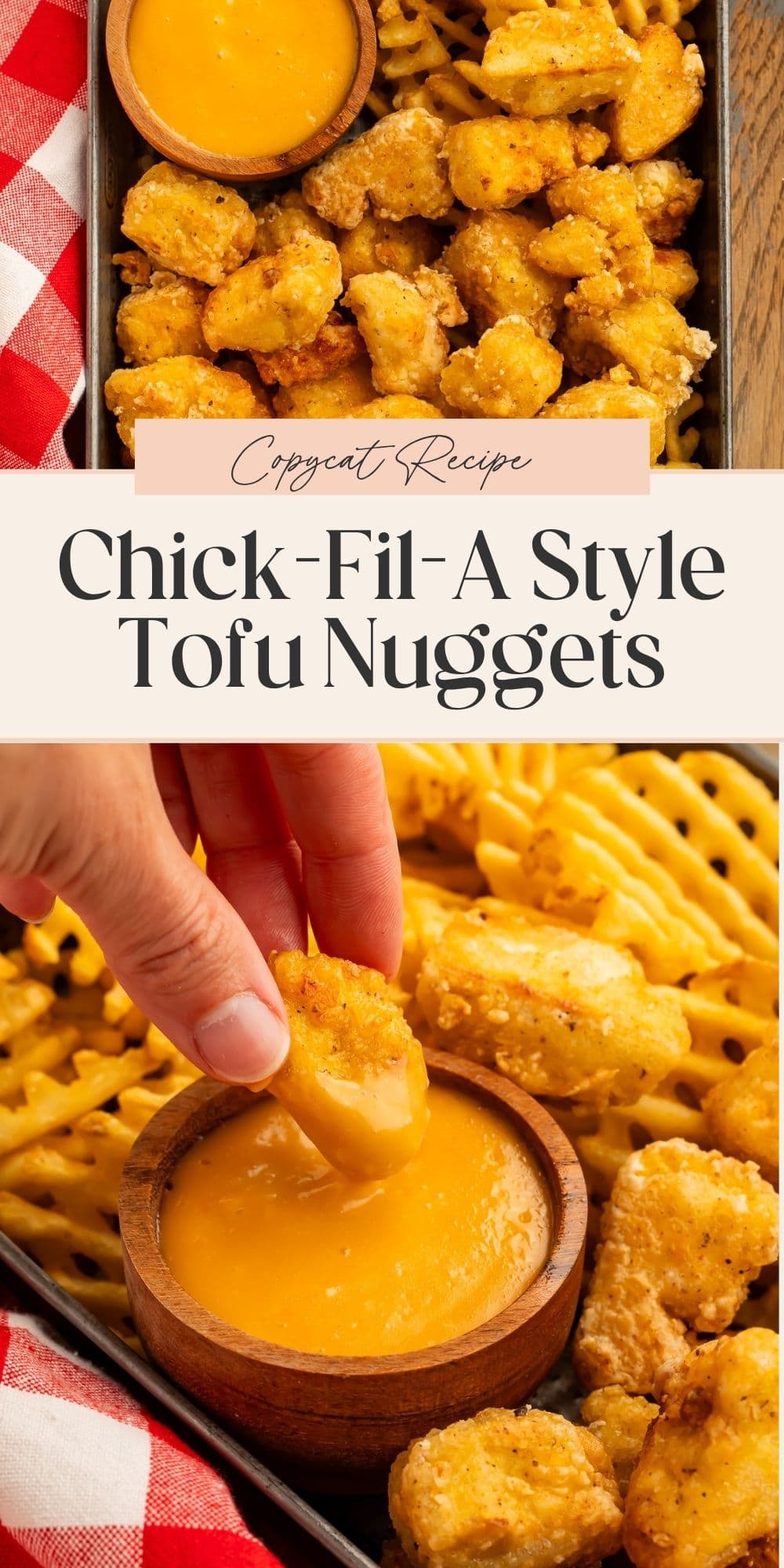 A hand dipping a tofu nugget into creamy sauce. The nuggets are also on a tray, and the two images are divided by Pinterest-optimised text.